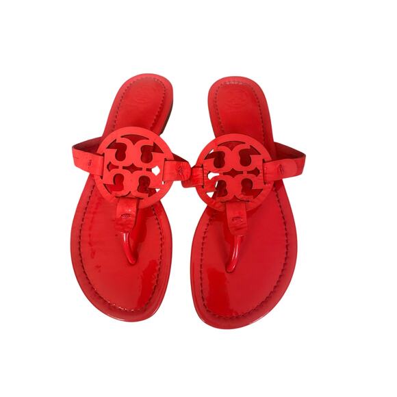 Tory Burch Miller Sandals Blazing Red Leather Thong Logo Flats Size 6 - Picture 2 of 4